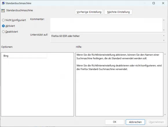 Bing Standardsuchmaschine in Firefox ESR per GPO