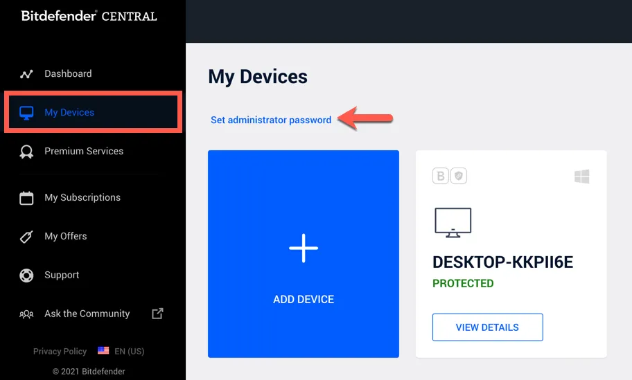 Bitdefender Central Administrator-Passwort einrichten