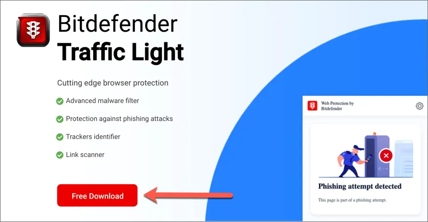 Bitdefender TrafficLight Download-Seite, die den &quot;Kostenloser Download&quot;-Button hervorhebt