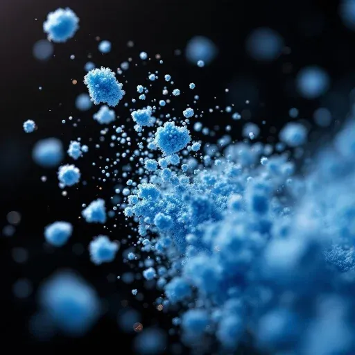 Blau kristalline Partikel, die im Raum schweben und verstreut sind, vor dunklem Hintergrund