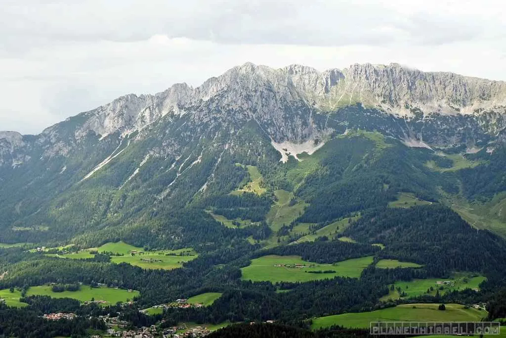Blick auf die Kitzbüheler Alpen mit grünen Wiesen und bewaldeten Hängen