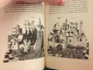 Blick auf Seestadt im deutschen "Der kleine Hobbit" Buchillustration