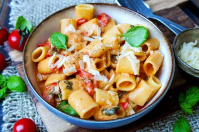 Blitzschnelle One Pot Pasta mit frischen Tomaten, Basilikum und geriebenem Parmesan, fertig serviert auf einem weißen Teller, bereit zum Genießen.
