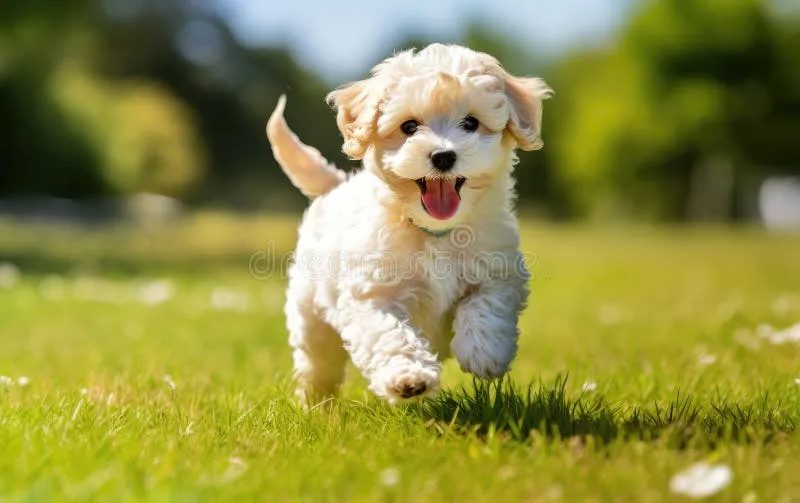Bollipoo Welpe mit glücklichem Gesichtsausdruck beim Rennen im Park