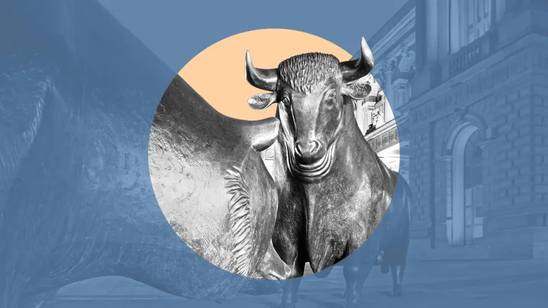 Bulle und Bär vor der Frankfurter Börse, Symbole für Finanzmärkte und das Finance Briefing des Handelsblatts