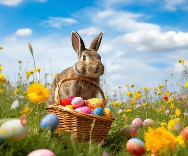 Bunte Ostereier und frühlingshafte Dekoration auf einem Tisch, ideal für den Osterurlaub 2025 in Deutschland.