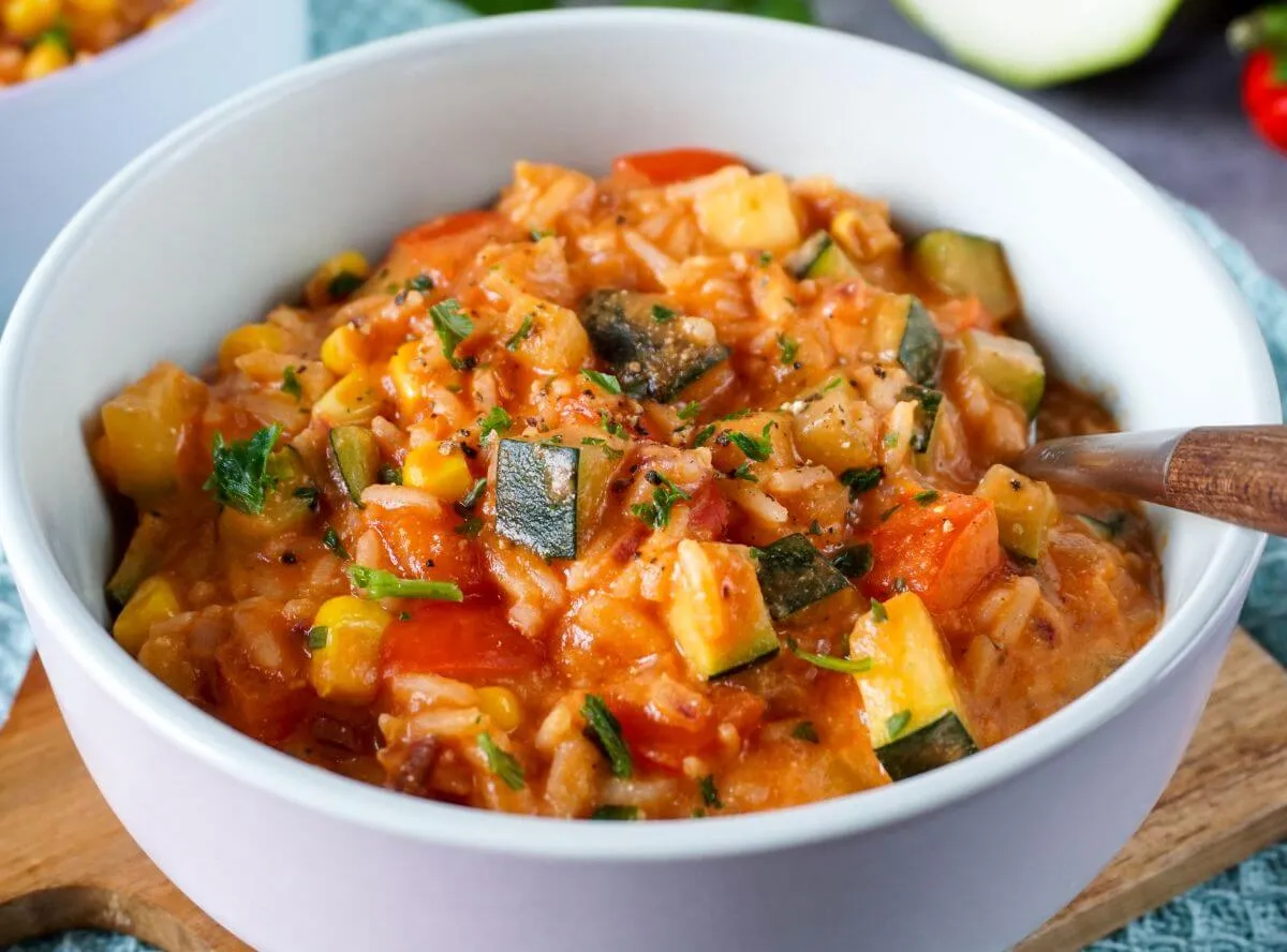 Bunte Reispfanne mit frischem Gemüse – eine schnelle und gesunde Option für Kinder