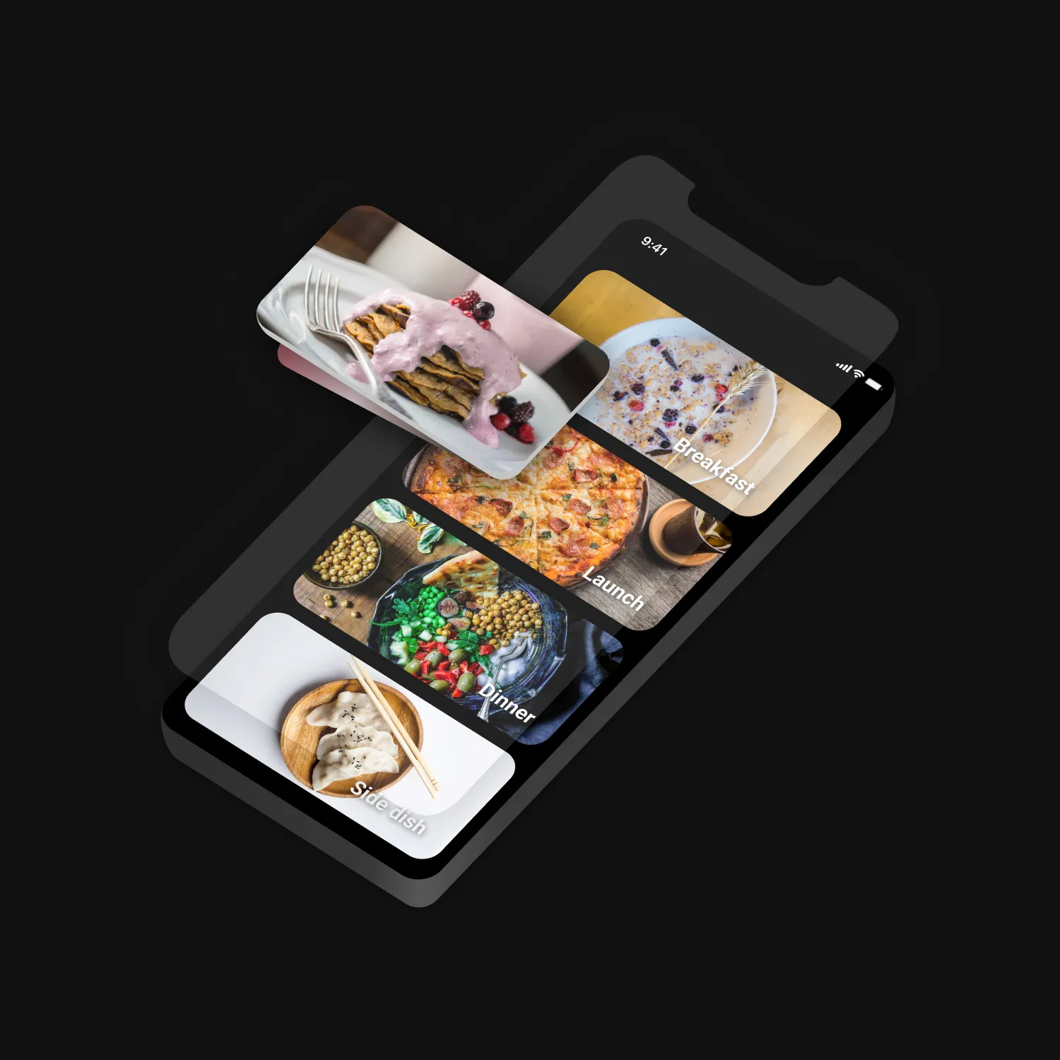 Bunte und gesunde Mahlzeiten, darunter Salate und Bowls, als Beispiel für die Ernährungstipps der Madbarz App