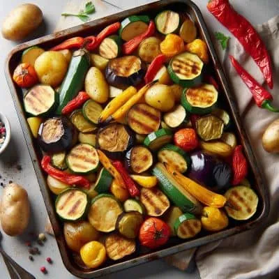 Buntes mediterranes Ofengemüse mit Kartoffelspalten