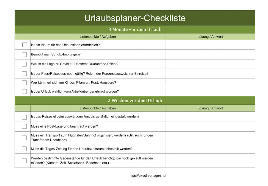 Checkliste für die Reisevorbereitung vor dem Urlaub in der Excel Vorlage Reiseplanung
