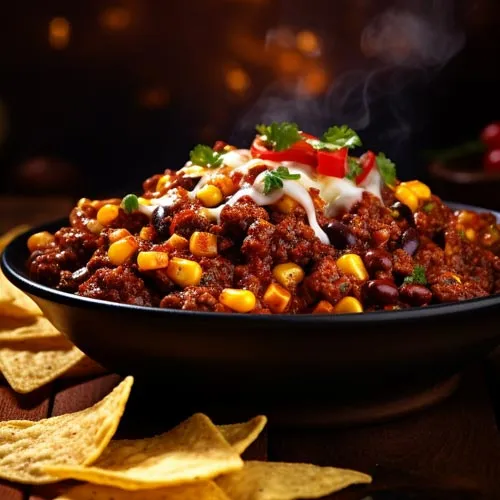 chili-con-carne auf schönem untergrund mit scharfer chili-sauce und bokeh effekt im Hintergrund