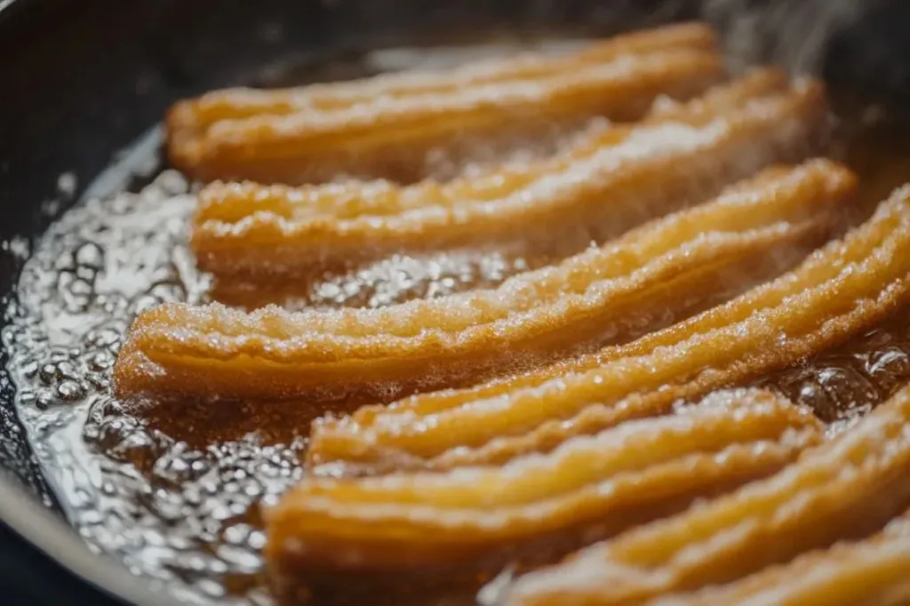 Churros beim Frittieren in heißem Öl