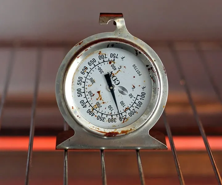 Closeup of oven thermometer on a cooking rack.