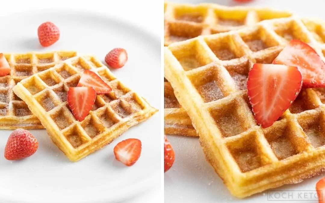 Collage aus Bildern von Keto Quark-Waffeln: Zutaten, Teig und fertige Waffeln