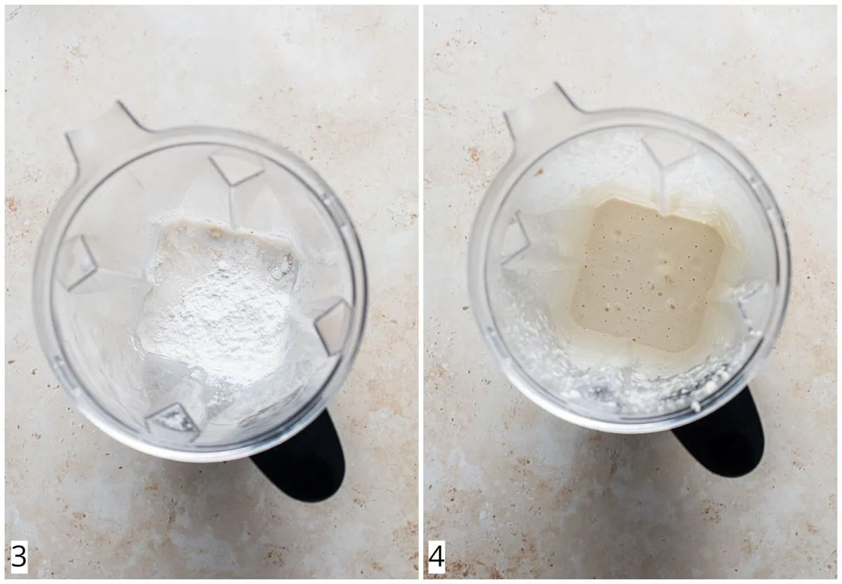 Collage: Eine Hochleistungs-Mixer mit Cashewmischung für die vegane Burrata, um eine glatte Konsistenz zu erreichen.