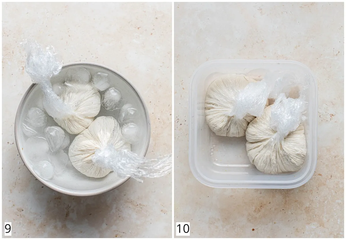 Collage: Hausgemachte vegane Burrata-Kugeln werden zum Abkühlen in eiskaltes Wasser getaucht.