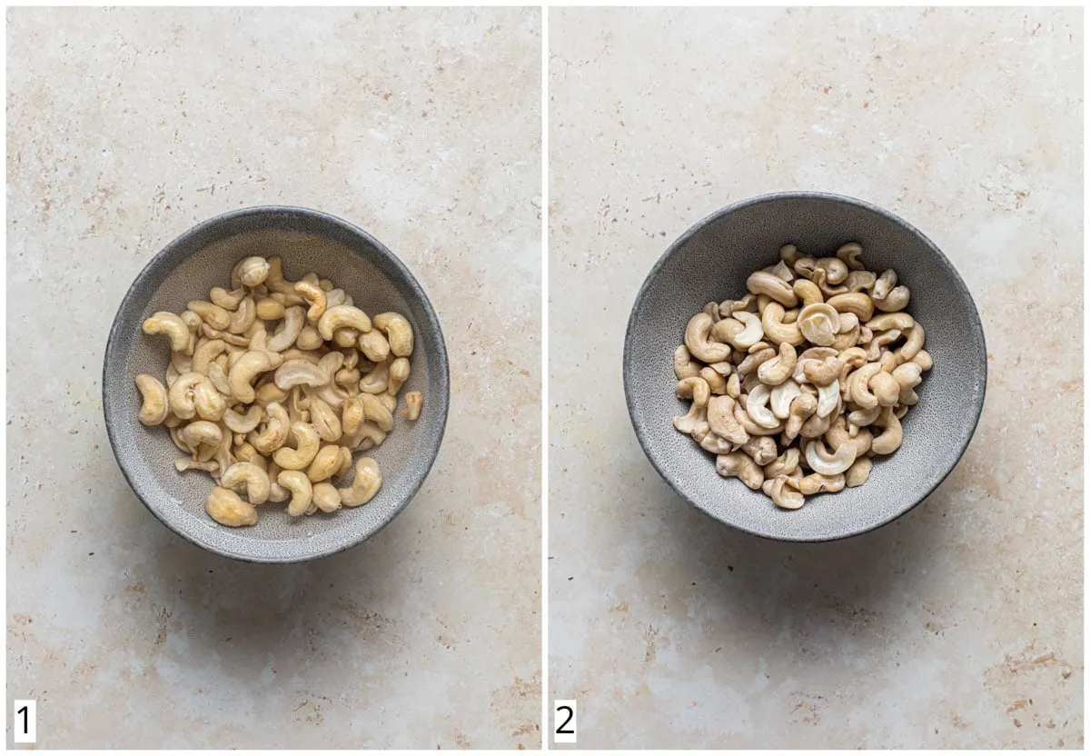 Collage: Rohe Cashewkerne werden eingeweicht und anschließend abgetropft – ein wichtiger Schritt für vegane Burrata.