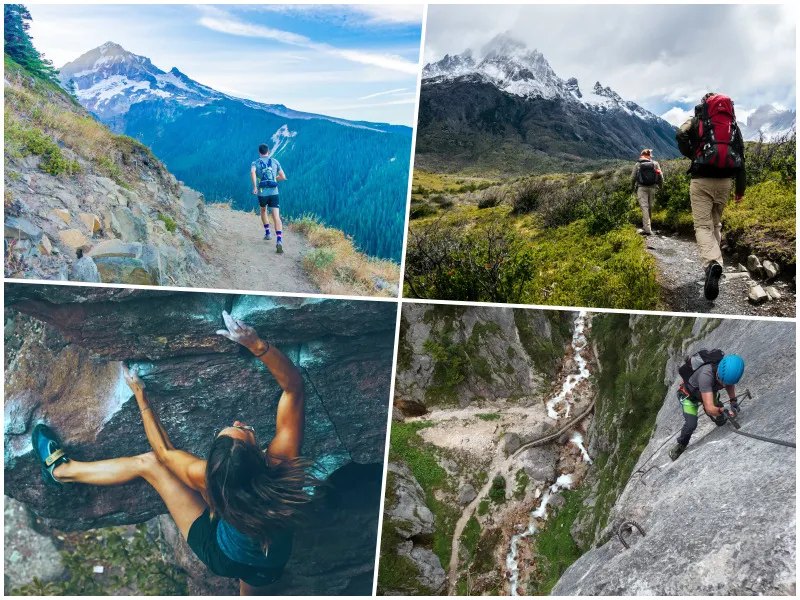 Collage von Bergsportarten, die Abwechslung und Herausforderungen in den Alpen bieten