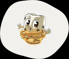 Comic-Zahn mit dunklen Flecken wird von orangefarbenem Strudel erfasst – Symbol für Zahnstein oder bakterielle Belastung vor der Zahnpflege bei Hund, Katze und Pferd