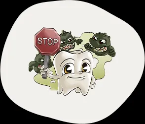 Comic-Zahn mit STOP-Schild hält grüne Bakterienfiguren zurück – Symbol für natürliche Bakterienkontrolle bei Zahnpflege mit QCHEFS für Hund, Katze und Pferd.