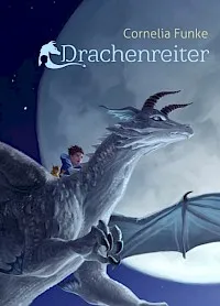 Cover des Romans Drachenreiter von Cornelia Funke, das einen majestätischen Drachen zeigt, der über eine fantastische Landschaft fliegt.