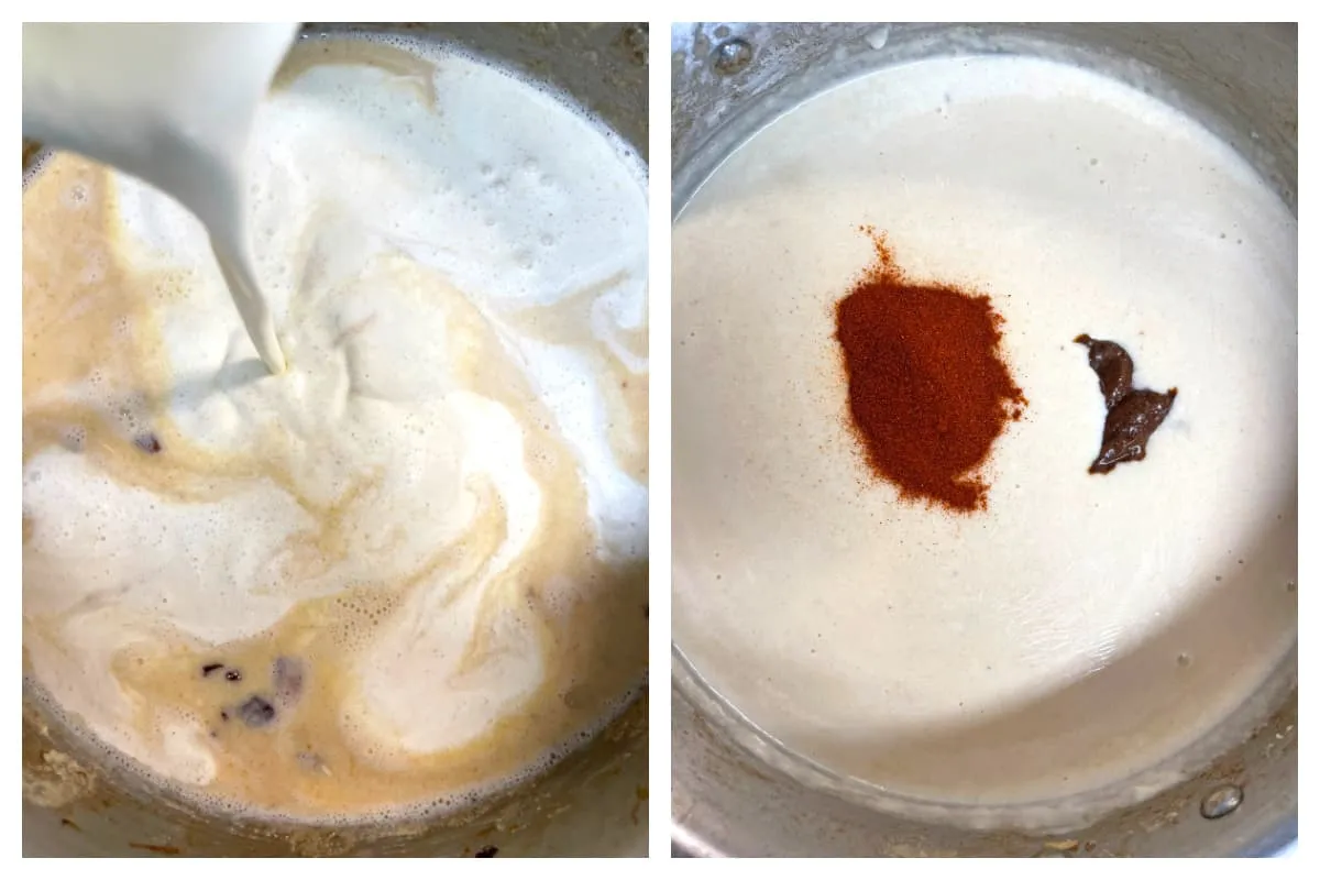 Creme, Paprika und Rinderbouillon zugeben