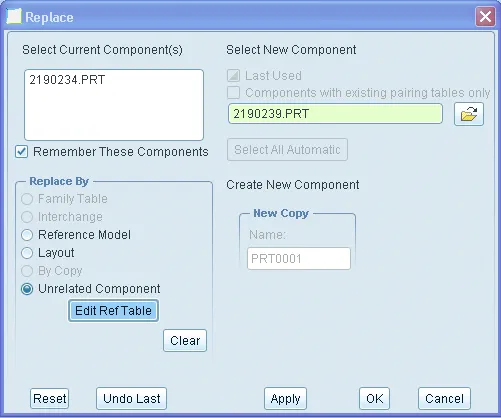 Creo Replace Component Dialogue Box