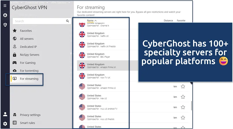 CyberGhost bietet für Streaming optimierte Server für verschiedene Plattformen