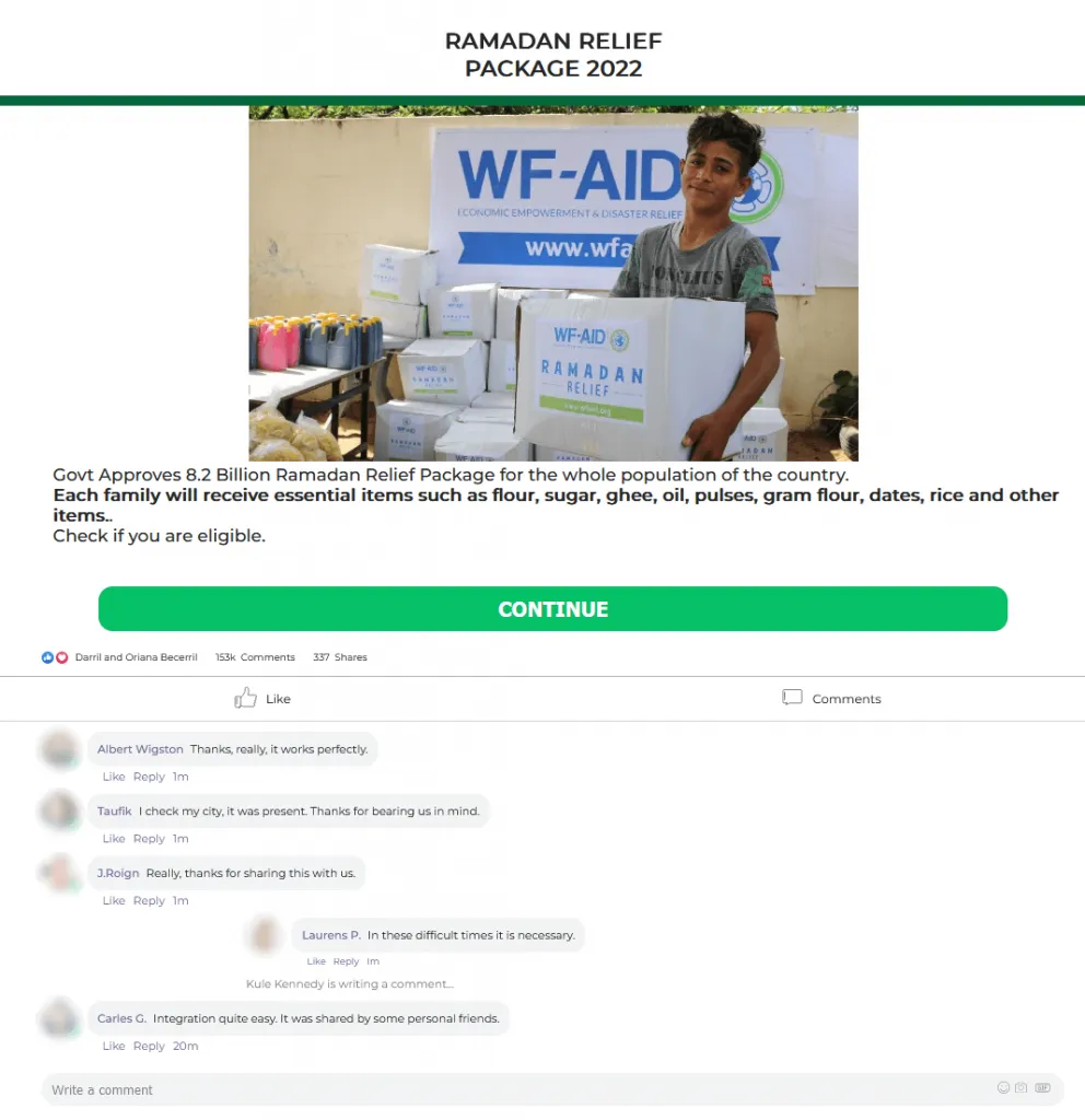 Darstellung einer Phishing-Kampagne, die das &quot;Ramadan Relief Fund&quot; von WF-AID imitiert, um von hilfsbedürftigen Familien persönliche Daten und &quot;Versandkosten&quot; zu erlangen.