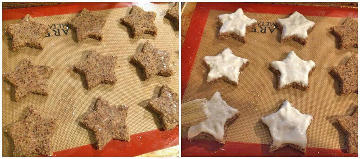 Das Auftragen der Eiweißglasur auf ausgestochene Zimtsterne vor dem Backen.