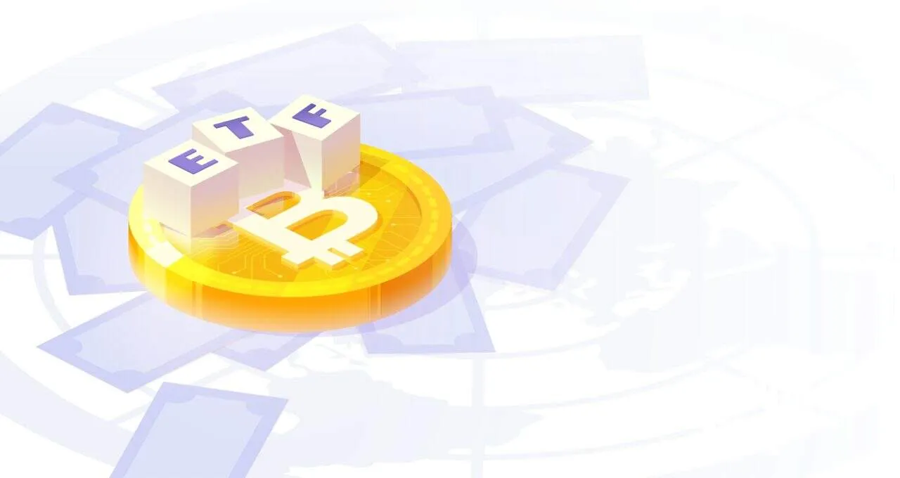 Das Bild zeigt drei Würfel mit den Buchstaben ETF auf einer Bitcoin-Münze, was die Integration von Krypto in traditionelle Finanzprodukte symbolisiert.