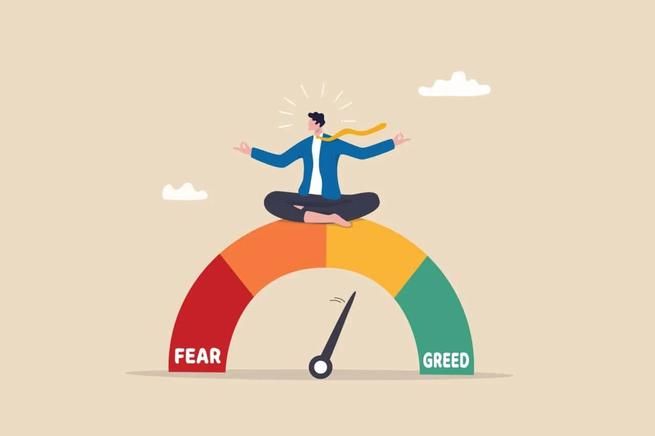 Das Bild zeigt einen Anleger, der auf dem Fear and Greed Index sitzt, um eine kluge Investmententscheidung zu treffen, was die strategische Natur des Hodln unterstreicht.