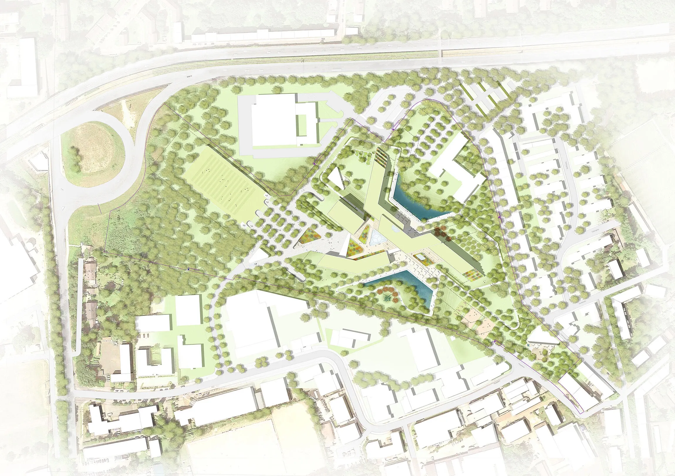 Das Dach des ALDI Nord Campus in Essen, zeigt moderne Bauweise und Begrünung.