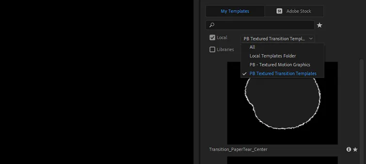 Das Essential Graphics Panel in Premiere Pro, das eine neu hinzugefügte Bibliothek von kostenlosen Textur-Überblendungen anzeigt, um die Organisation zu verbessern.