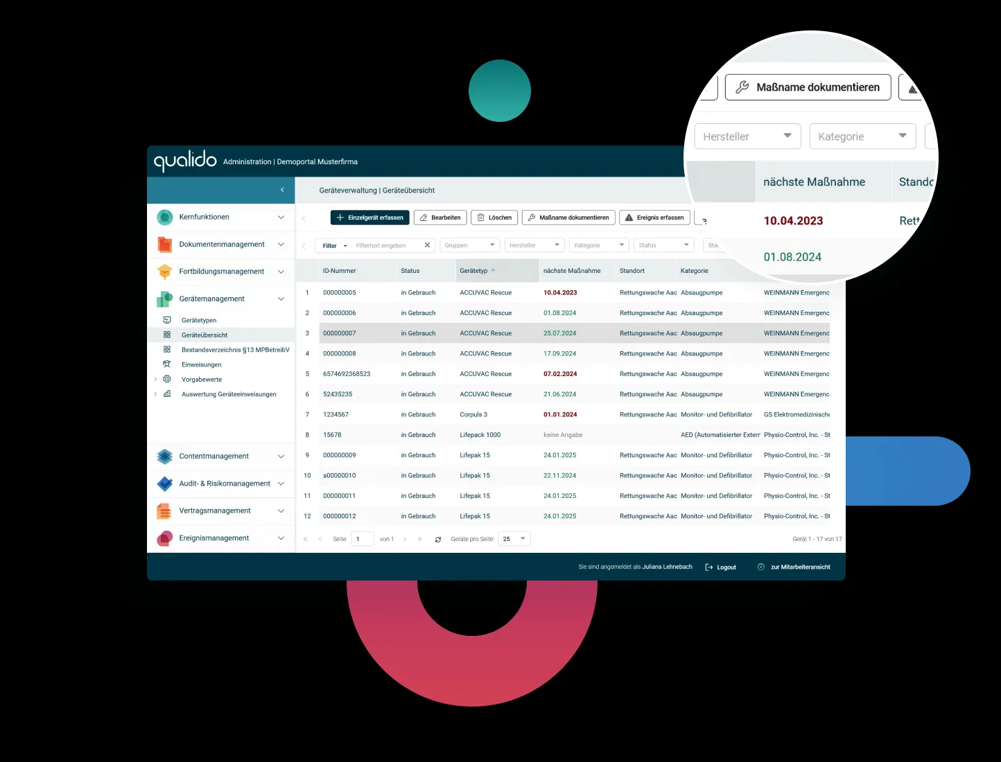 Dashboard mit Erinnerungen an offene Maßnahmen und Prüffristen für Medizinprodukte