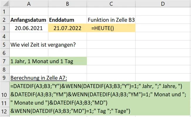 DATEDIF-Ausgabe in Excel mit WENN-Funktion für die korrekte grammatische Anzeige von Einzahl und Mehrzahl (z.B. &quot;1 Jahr&quot; vs. &quot;2 Jahre&quot;)