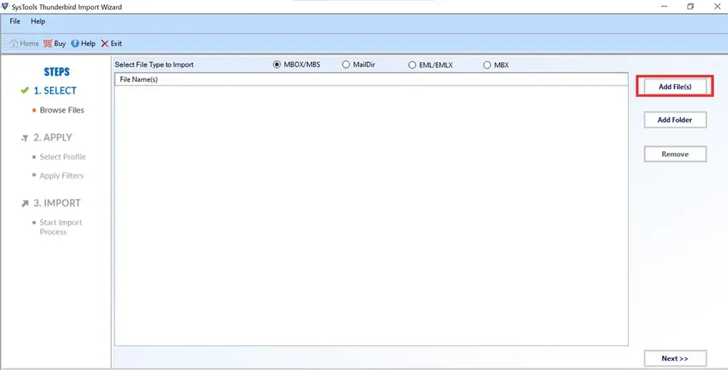Dateiauswahlfenster im SysTools Import Wizard zum Hinzufügen einer MBOX-Datei