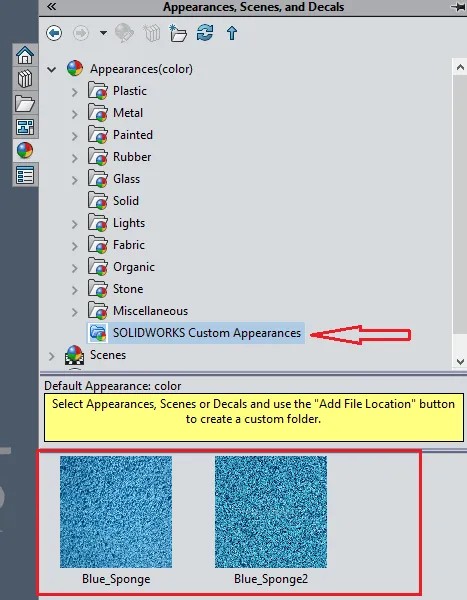Dateispeicherorte für SOLIDWORKS Erscheinungsbilder: Angezeigte Bilddateien im Task-Fensterbereich