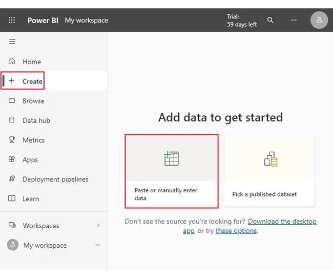 Daten in Power BI manuell eingeben oder einfügen auswählen