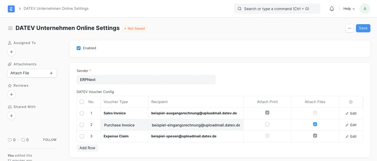 DATEV Unternehmen Online Einstellungen in ERPNext