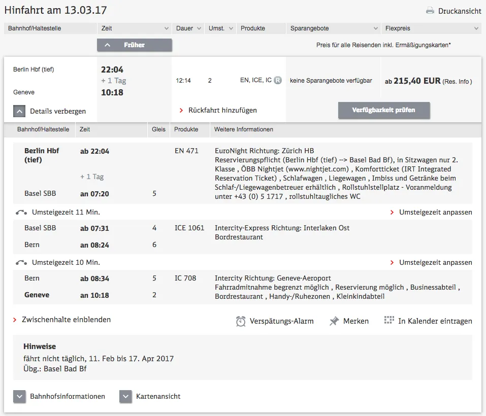 DB Reiseauskunft Berlin Hbf - Genf