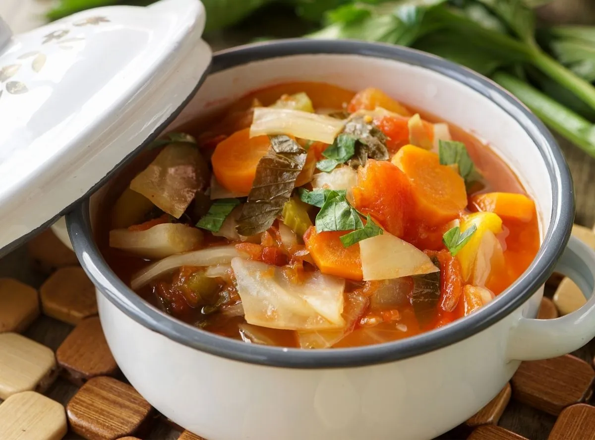 Deftige Kohlsuppe mit frischen Kräutern in einer Schüssel