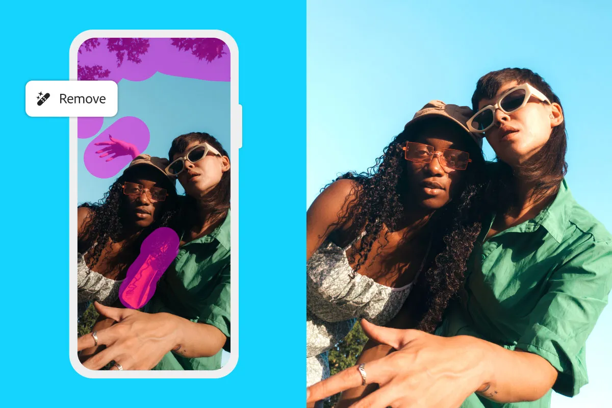 Demonstration der Entfernen-Funktion im mobilen Adobe Bildbearbeitungsprogramm, um unerwünschte Objekte mühelos zu beseitigen.