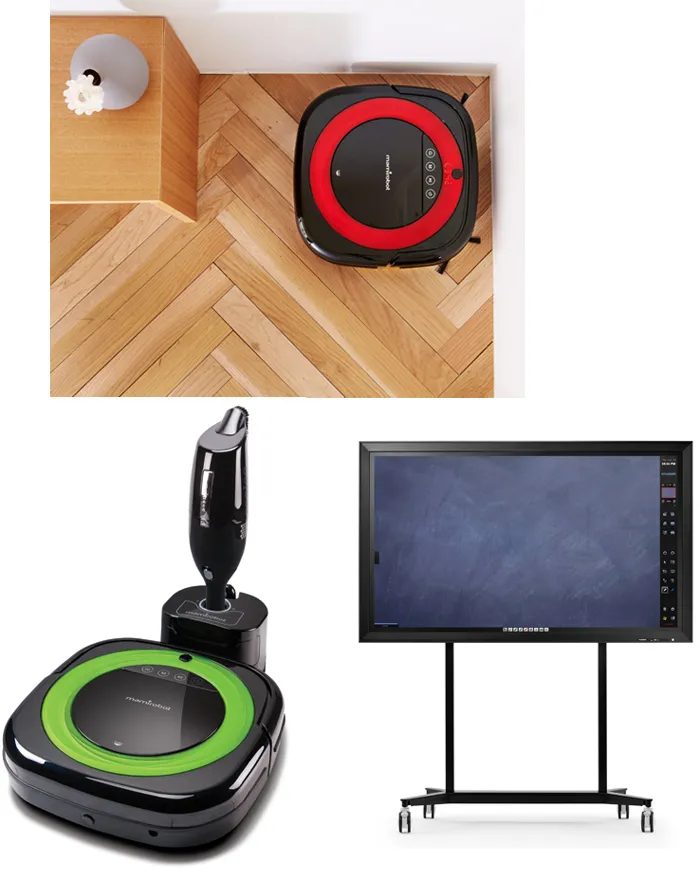Der Arte-Roboter-Staubsauger von Yujin Robot, das Smartboard von HDIT, der zirkulierende Roboterreiniger von Mamirobot.