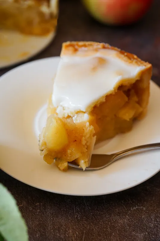 Der fertig gebackene Apfelkuchen in der Springform, glasiert mit einer dicken Puderzuckerglasur.