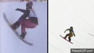 Der Fortschritt im Snowboarden: Ein einfacher Sprung aus der Anfangszeit gegen einen komplexen Trick in der Halfpipe heutiger Athleten.