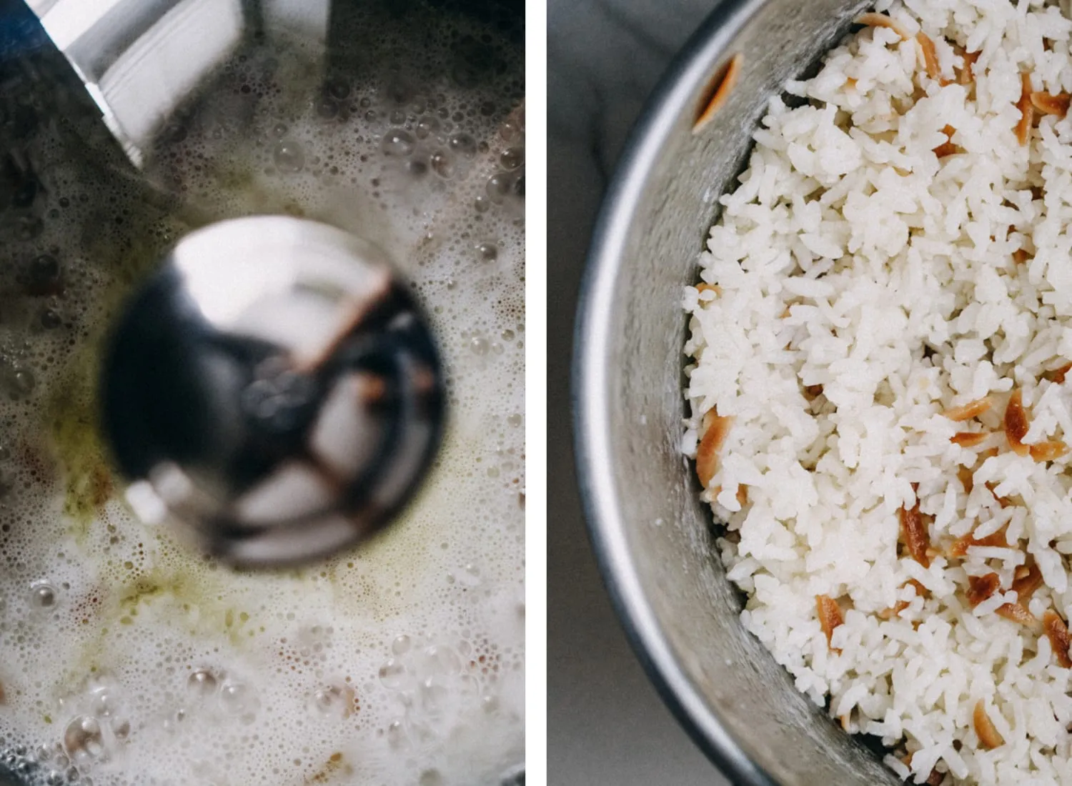 Der Kochvorgang von türkischem Reis im Topf, während der Baldo Reis und die gerösteten Reisnudeln das Wasser aufnehmen.