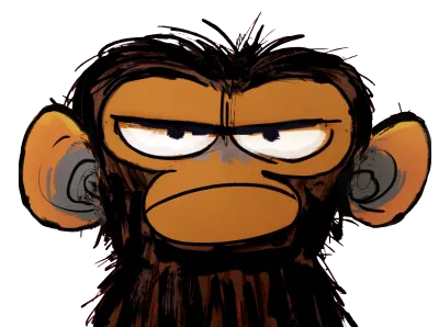 Der miesgelaunte Affe Jim Panse sitzt missmutig vor rotem Hintergrund