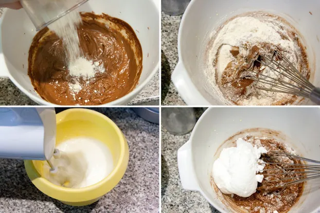 Der Teig für den Rehrückenkuchen wird vorsichtig mit einem Spatel vermengt