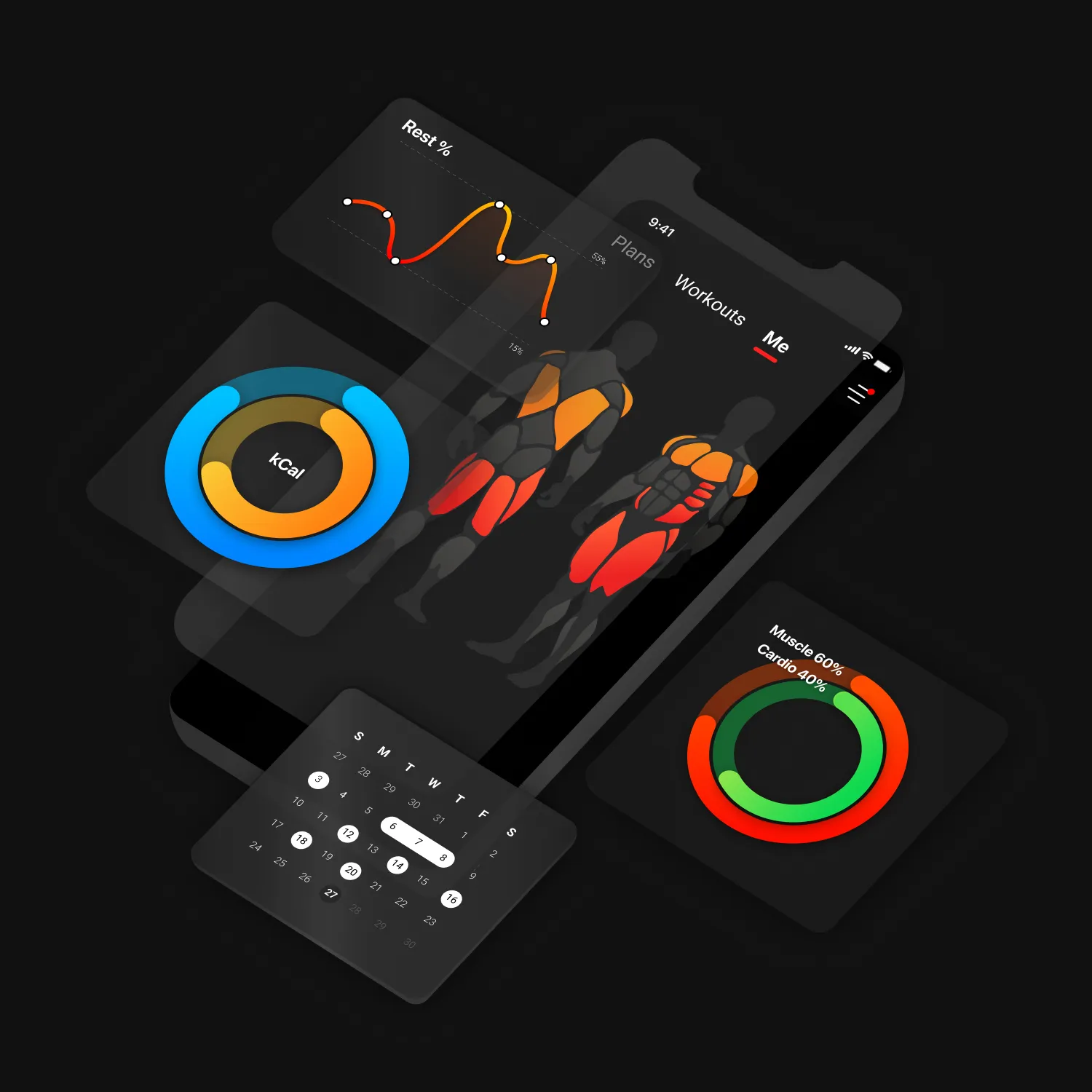 Detailansicht der Madbarz App auf einem Smartphone, die Muskelaktivierung und Trainingsstatistiken anzeigt